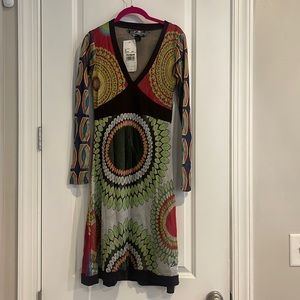 NWT Vintage Desigual V Neck Dress Long Sleeve Retro 60’s 70’s Vibe Size M